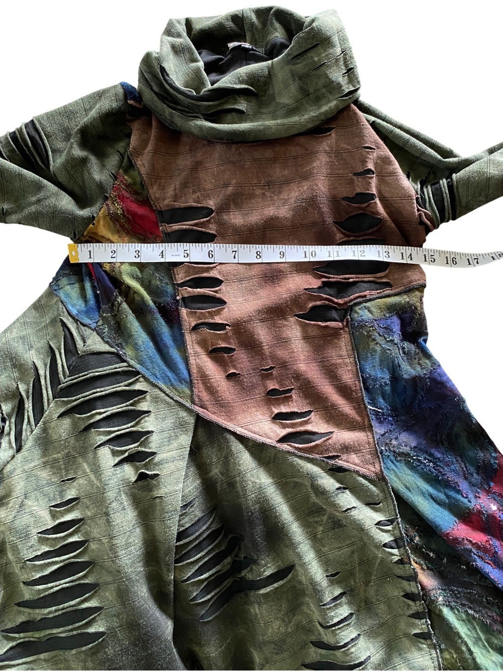 Lagenlook Patchwork Top Festival Shirt Distressed Artsy Tunic Cowl Neck Boho S - Picture 3 of 5